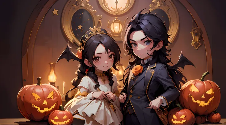 (masterpiece), (((highest quality)), (hightly detailed), create a cute halloween illustration of two vampires in love, epic artw...