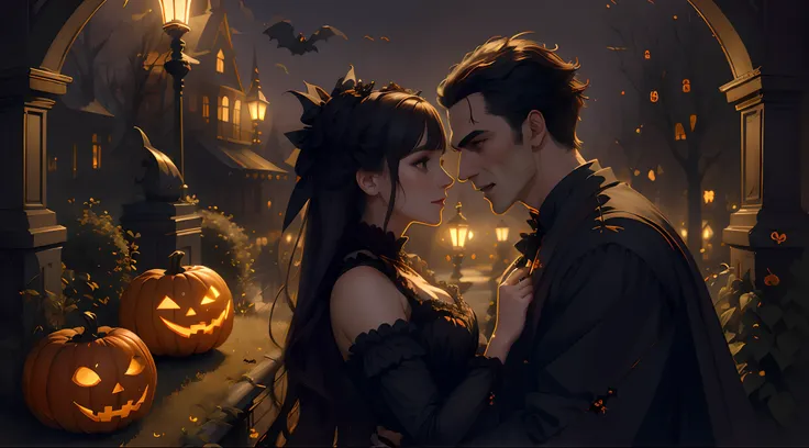 (masterpiece), (((highest quality)), (hightly detailed), create a cute halloween illustration of two vampires in love, epic artw...