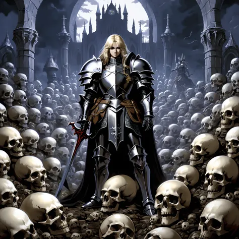 Image of a woman in armor standing on a pile of skulls, cavaleiro esqueleto, gothic knight, Berserk Skullknight Armadura Negra, Elric de Melnibone, Adrian Smith Arte de fantasia, Rei Esqueleto, He-Man com um jeito sombrio, with a skeleton army, Castlevania...