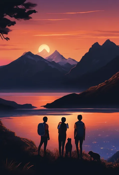 3 adolescentes negros com armas vistas da costa, mountainous adventure scenery, Cartoon, neve no pico da montanha, twilights, Starry sky, Orange skye