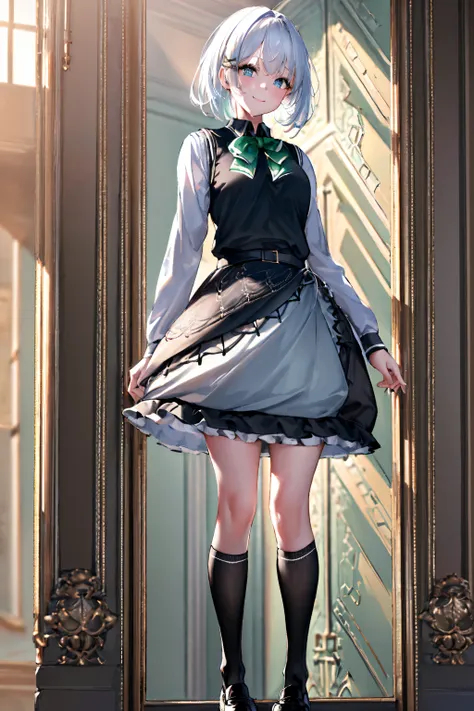 masterpiece, best quality, highres, 1girl white hair blue eyes x hair ornament,(wearing black footwear, kneehighs, green skirt, black socks, loafers, green bow, sweater vest, green ribbon:1.2), standing, leaning forward, arms behind back, smile, simple bac...