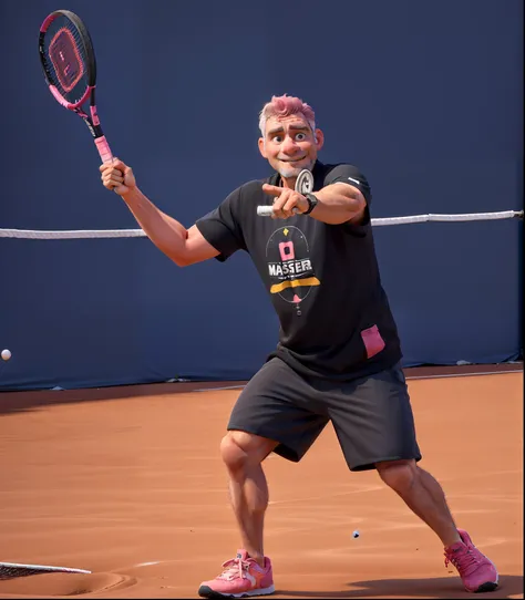 master part, best quality, 43 year old man playing tennis, with black clothes and Pink sneakers.