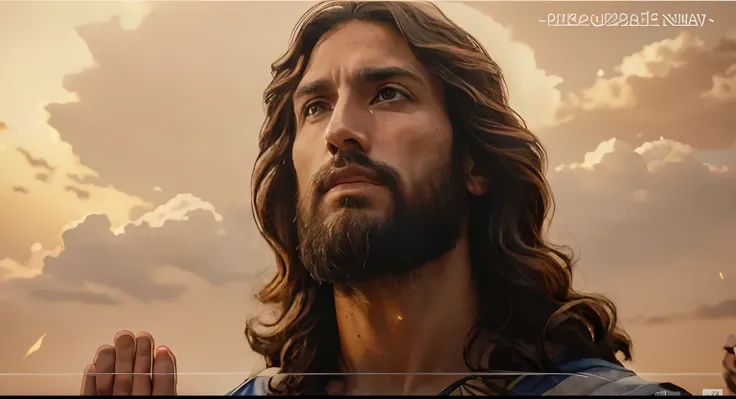 A painting of Jesus with his hands up in prayer, Jesus Cristo, Jesus, rosto de Jesus, Jesus Gigachad, Jovem Deus Todo-Poderoso, O Senhor e Salvador, Jesus Cristo em Mass Effect, arte conceitual de deus, bible illustration, Jesus Cristo Indo Super Saiyajin,...