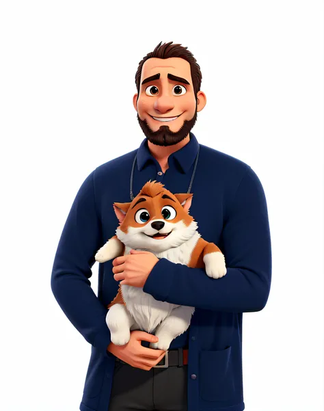 um homem, sem barba, calvo, de jaleco azul, sorrindo, olhando para a camera, holding in his arms a small dog with light fur. alta qualidade, 4K resolution, ultra detalhes.