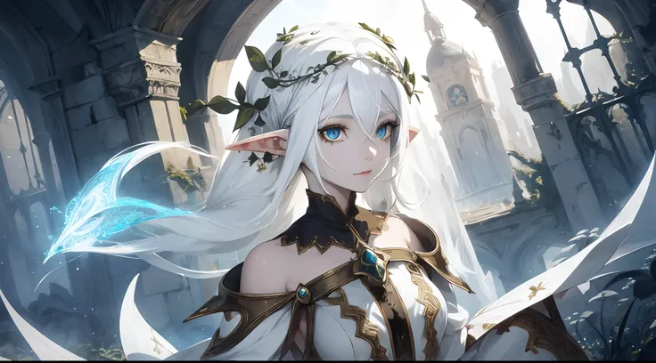 absurdres, highres, ultra detailed, (1 elf girl:1.3), (white hair beauty:1.4),detailed and expressive eyes,looking at camera, (designe fantasy dress),((BREAK)), ((concept design)), featuring beautiful calligraphy, with expressive lettering, elegant flouris...