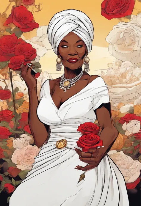 Black old woman with turban and red roses on her head, Smoking a cigar winding a white linen gown and wearing several beaded necklaces