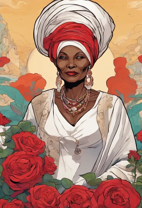 Black old woman with turban and red roses on her head, Smoking a cigar winding a white linen gown and wearing several beaded necklaces