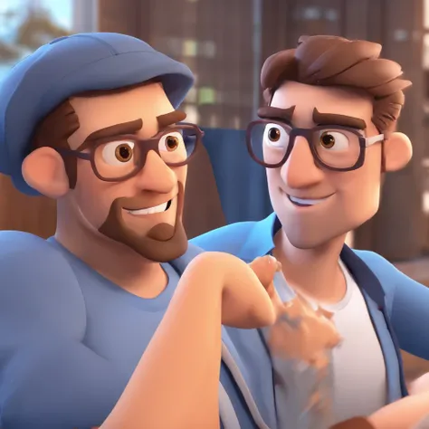 Criar um personagem no estilo Pixar. Trata-se de um homem de 29 anos, com barba ruiva, Branco, com cabelos ruivo escuro (quase castanho), bem curtos, wears a black kippah, and a square pair of glasses with rounded edges, not skinny, not fat , altura median...