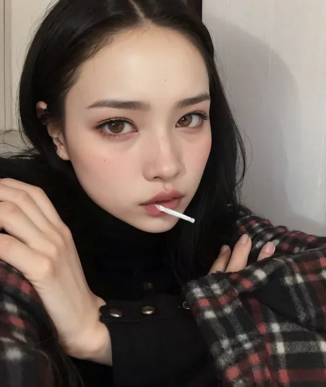 Theres a woman whos smoking a cigarette in her mouth, Kiko Mizuhara, dilraba dilmurat, ulzzang, Kuvshinov Ilya, Estilo de Junji Ito, Kimi Takemura, Chiho, Labios claros y de alta calidad, cigarrillo, Yoshitomo Nara, thin, pale lips