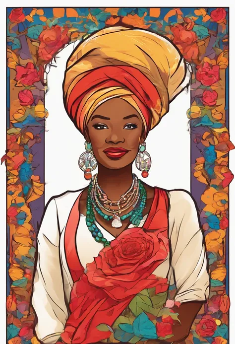 Old black woman smoking cigar wearing with turban and red roses on head, Roll up a white linen dress and wear several colorful beaded necklaces