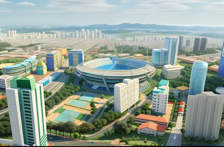 paisagem no estilo pixar com vista de cima de um bairro, com muitos predios, estadio allianz parque e piscina na frente