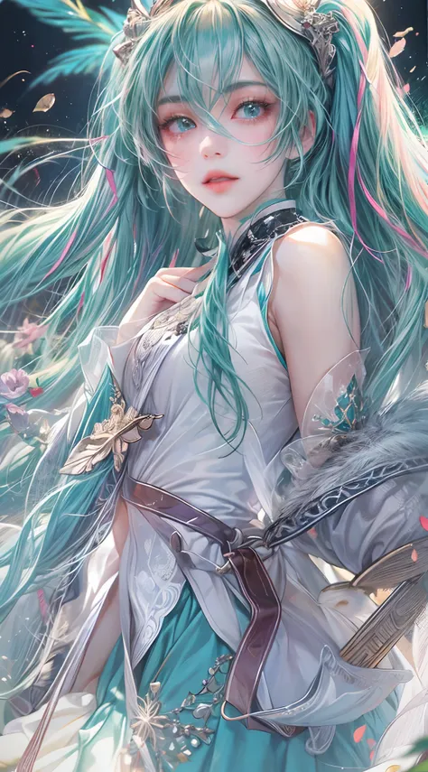 Absurdres masterpiece HDR high quality picture of Hatsune Miku, detailed face, detailed hair strands, beautiful face, simple pose, very long hair, ((random hair style:1 )) , anime eyes, light skin , 

Valkyrie outfit , detailed hair ornaments  , beautiful ...