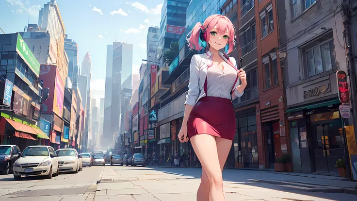 ((loose close up)) ​masterpiece, 1girl ((20year old, dressed in a tight red business suit, business suit jacket, tight white shirt, tight knee length business skirt, high heels, medium breasts, multicolor pink hair, twin ponytails, perfect model body, gree...