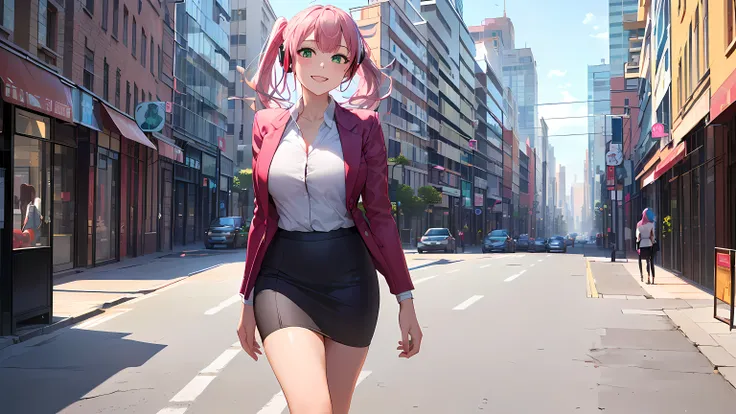 ((loose close up)) ​masterpiece, 1girl ((20year old, dressed in a tight red business suit, business suit jacket, tight white shirt, tight knee length business skirt, high heels, medium breasts, multicolor pink hair, twin ponytails, perfect model body, gree...