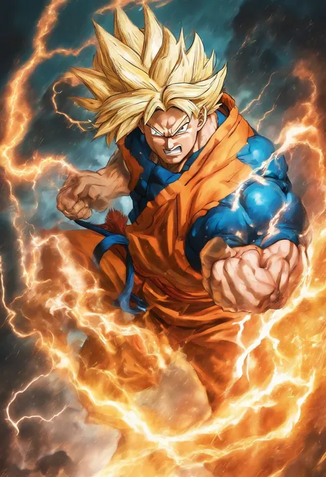 Realistic 3D rendering of Goku Super Saiyan fused Aquaman, surrounded by lightning, grande musculatura, fotografia de corpo inteiro, hiper-realista