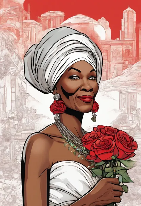 Old black woman with turban and red roses on her head, Fumar um charuto, Roll up a white linen dress and wear several beaded necklaces