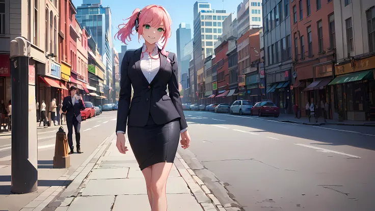 ((loose close up)) ​masterpiece, 1girl ((20year old, dressed in a tight red business suit, business suit jacket, tight white shirt, tight knee length business skirt, high heels, medium breasts, multicolor pink hair, twin ponytails, perfect model body, gree...