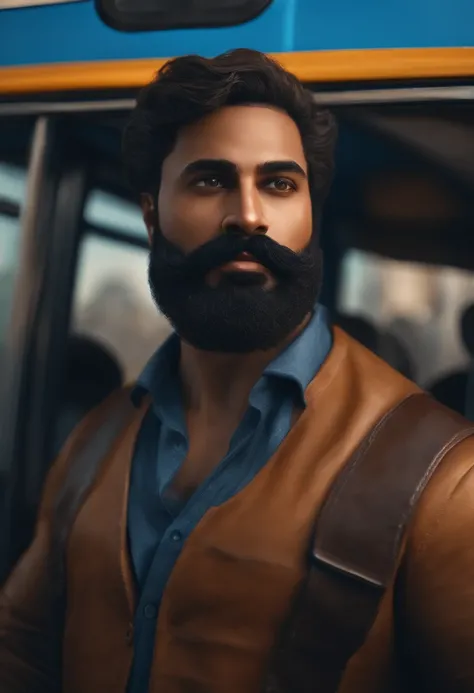 Personagem em 3d, com olhos castanhos, cabelo preto e um pouco crespo, barriga meio grande, sardinhas no rosto, with beard and mustache and blue bus driver outfit.