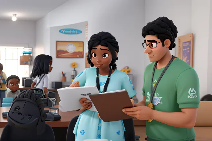 2 pessoas anotando algo, uma mulher negra e um homem branco, estilo pixar, alta qualidade, melhor qualidade