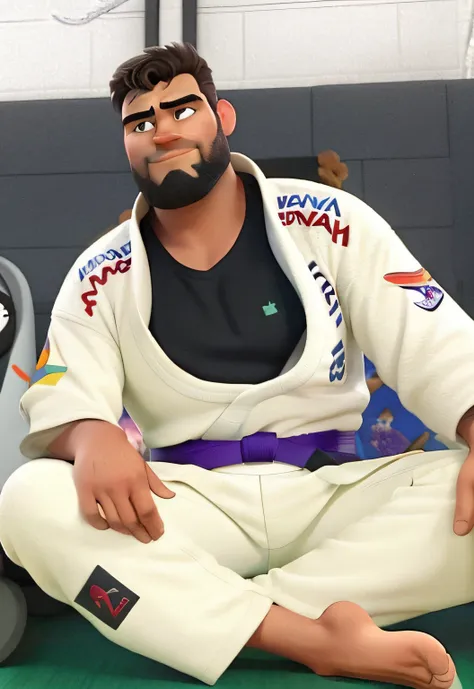 homem do universo Disney pixar, em frente a uma gigantesca montanha ao fundo, with arms crossed, Man in combat position, Quimono de jiu-jitsu, purple belt, 8k, hyper realista, detalhado.