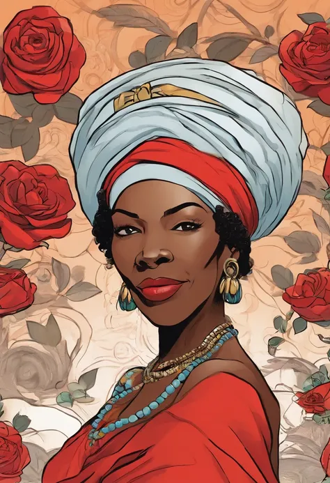 Old black woman with turban and red roses on her head, fumando um charuto, Wrap a white linen dress and wear several beaded necklaces