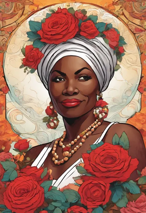 Old black woman with turban and red roses on her head, fumando um charuto, Wrap a white linen dress and wear several beaded necklaces