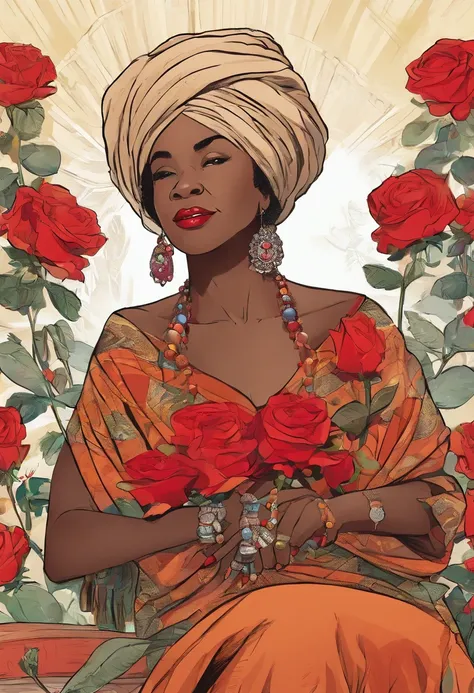 Old black woman with turban and red roses on her head, fumando um charuto, Wrap a white linen dress and wear several beaded necklaces