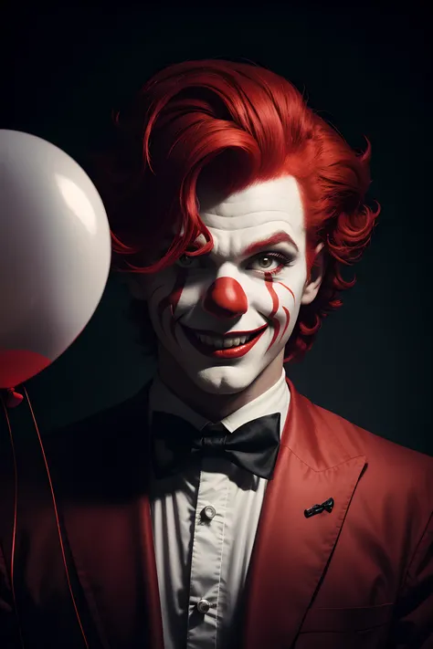 1 Close-up of a circus clown with red hair, red nose, white makeup, and a red balloon in his hand,，Smiling, Dim lighting, spooky ambiance