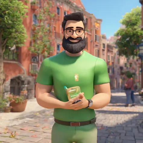 Criar um personagem no estilo Pixar. Trata-se de um homem de 36 anos, com barba curta, Branco, com cabelos castanhos curtos e um jaleco branco, green stethoscope, e olhos castanhos. Ele deve estar na frente de um computador, Trabalhar como enfermeiro