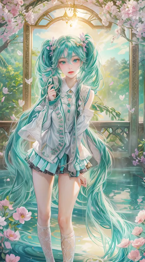 Absurdres masterpiece HDR high quality picture of Hatsune Miku, very young age girl 14 years old with detailed face, simple hair design , beautiful face, simple pose hands hiding in her long hair and clothes, very long hair, ((random hair style:1 )) , anim...