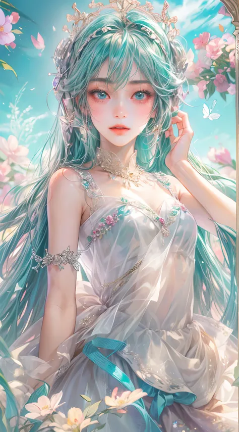 Absurdres masterpiece HDR high quality picture of Hatsune Miku, very young age girl 14 years old with detailed face, simple hair design , beautiful face, simple pose hands hiding in her long hair and clothes, very long hair, ((random hair style:1 )) , anim...