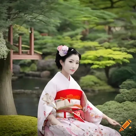 Mulher de Araffe em um quimono sentado em uma rocha em um jardim, mulher japonesa elegante, Mulher japonesa, traditional japanese, japanesepopartstyle, gueixa japonesa, geisha photo portrait, Gueixa habilidosa dos japoneses, Japanese kimono, Deusa japonesa...