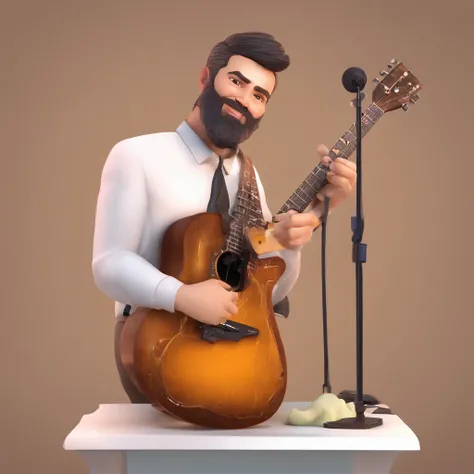 Menino pulando e sorrindo com uma barba pequena cabelo preto cortado bem baixo e na lateral raspado, With a guitar in his hands Disigner graphic scenery, muito microfone e instrumentos a cena..