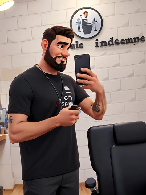 A man in a black shirt in a barbershop, short hair and beard with his cell phone in his hand