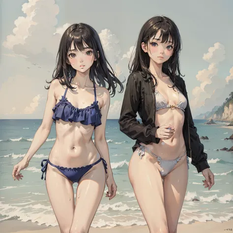 ((Masterpiece)), ((Best quality)), ((A high resolution)), ((finedetail)),1girll, Show on the_E7, Small breast, swimsuit, Realistic, beach, Wet, Ocean, navel, sky, 鎖骨