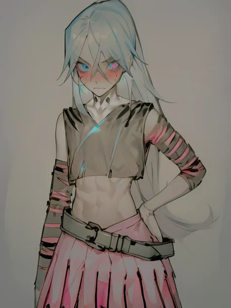 1boy, androgynous,fit, slim, petite, crossdressing, pink skirt, crop top, ice blue hair, glowing blue eyes, ice blue make-up, long hair, blushing, cold, pale, shocked