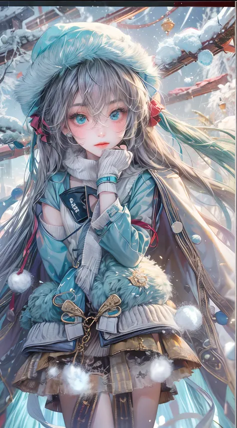 Absurdres masterpiece HDR high quality picture of Hatsune Miku, very young age girl 14 years old with detailed face, simple hair design , beautiful face, simple pose hands hiding in her long hair and clothes, very long hair, ((random hair style:1 )) , anim...