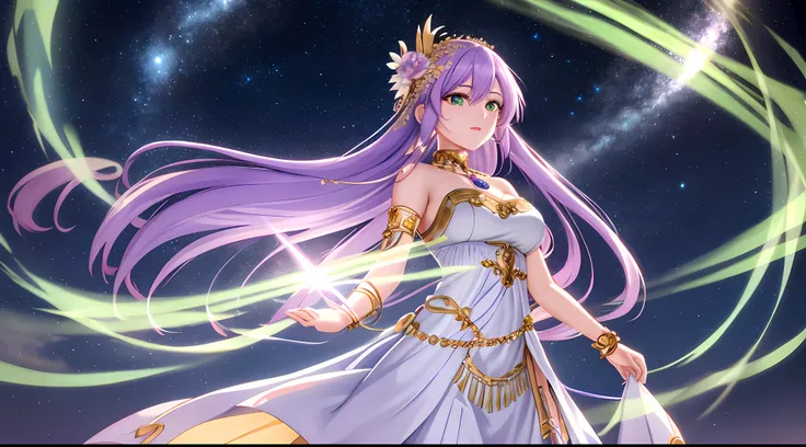 Athena with plain long light purple hair,hair between eyes,green eyes,rosy cheeks,full lips,thin eyebrows,slender body,wearing beads on neck and full long skirt,praying beads on neck,cute anime girl,full body,starry night sky in background,anime style,Lume...