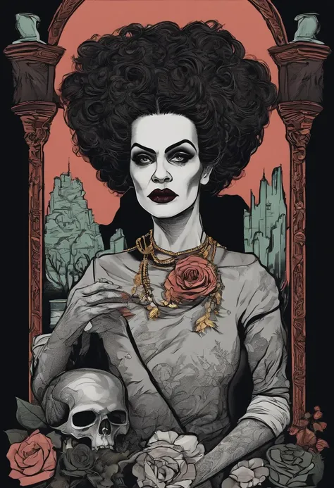 /imagine prompt: bride of Frankenstein illustration for a sticker with a black background, in bold outline style, jagged edges, trashcore, light shading --v 5.2