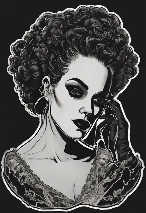 /imagine prompt: bride of Frankenstein illustration for a sticker with a black background, in bold outline style, jagged edges, trashcore, light shading --v 5.2