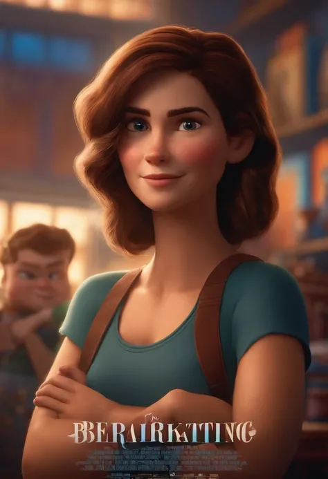 filme Marketing 2023 estilo filmes Pixar, Com nome "N - Marketing", poster, With short, lighter brunette hair and a black t-shirt in front of her crossed arms.