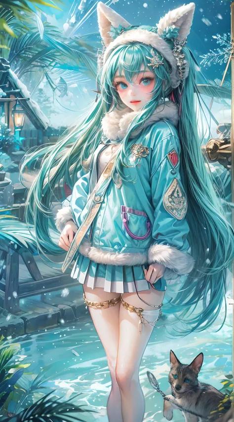 Absurdres masterpiece HDR high quality picture of Hatsune Miku, very young age girl 14 years old with detailed face, simple hair design , beautiful face, simple pose hands hiding in her long hair and clothes, very long hair, ((random hair style:1 )) , anim...