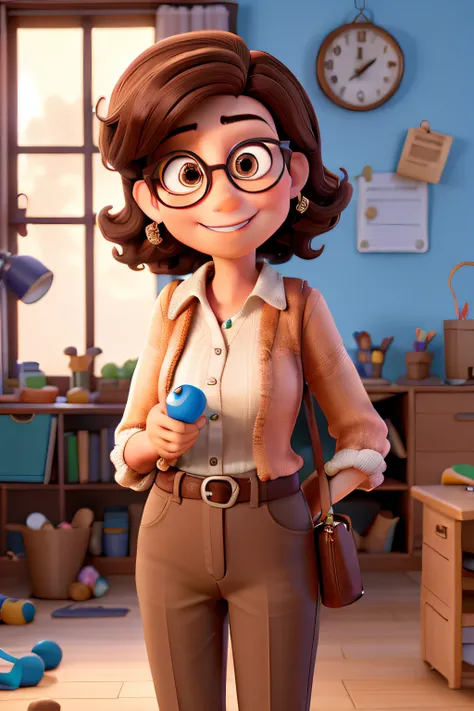 no estilo disney pixar, A teacher with medium brown hair, eyeglass, piscando o olho esquerdo, inside a room with various toys and together with the children