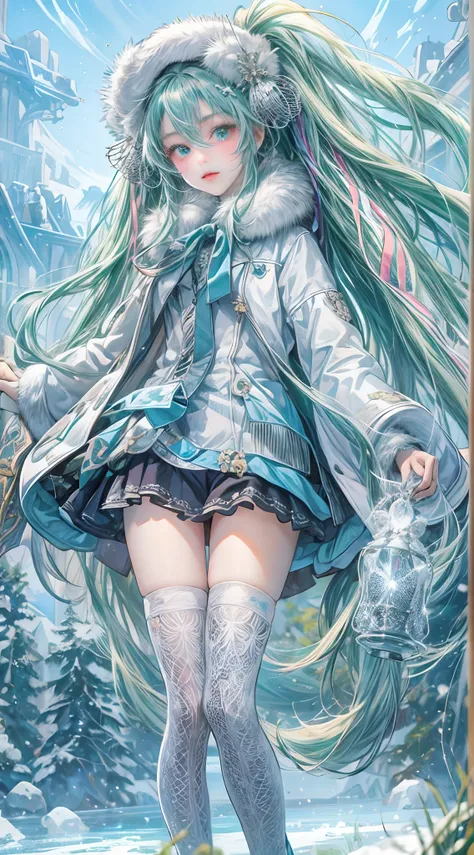 Absurdres masterpiece HDR high quality picture of Hatsune Miku, very young age girl 14 years old with detailed face, simple hair design , beautiful face, simple pose hands hiding in her long hair and clothes, very long hair, ((random hair style:1 )) , anim...