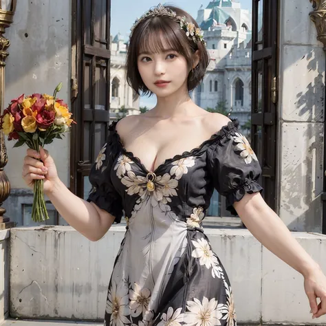 80
(20-year-old princess,is standing), (A hyper-realistic), (masutepiece), ((short-hair:1.46)), (Smooth black hair), (Breast:1.0), (kindly smile:0.9), (Floral Dresses:1.46), (Majestic Palace:1.46), Orange Lipstick