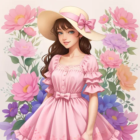 Cute Illustration Clipart (Cute full body girl in hat in sara kay style) em alegre, Light Pastels, estilo Sara Kay, aquarela e flores, pastel-hued,fundo branco, qualidade perfeita, Ultra resolution, imagem 300 dpi, 16k resolution