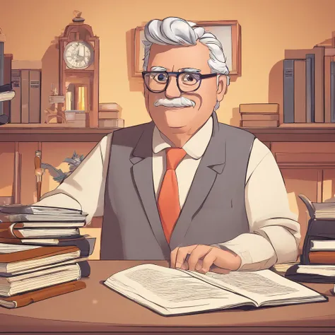 Crie um cartaz inspirado na Disney Pixar com o personagem sendo o pastor Rubens Janier, A gray-haired man wearing glasses, in an office with a Bible on the table