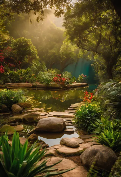 um jardim com rios, arvores, animais , plantas