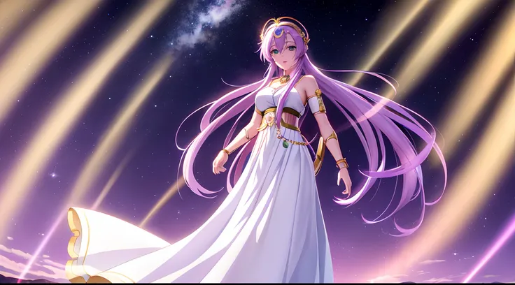 Athena with plain long light purple hair,hair between eyes,green eyes,rosy cheeks,full lips,thin eyebrows,slender body,wearing beads on neck and full long skirt,praying beads on neck,cute anime girl,full body,night sky nebulae in background,anime style,Lum...