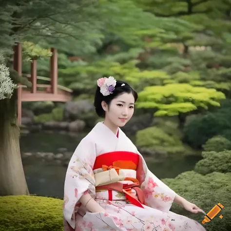 beautiful Japanese woman wearing traditional Japanese costumes in a Japanese garden.